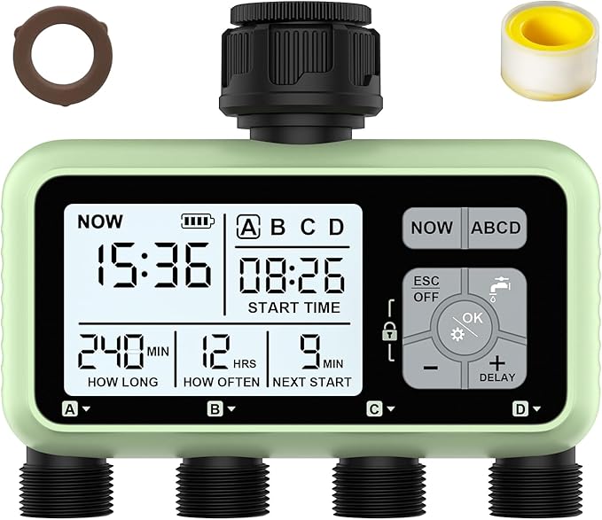 4 Outlet Sprinkler Timer, XinFuture Water Timer, Programmable Garden Hose Timer with Rain Delay, Manual& Automatic Watering System, Waterproof Digital Irrigation Timer for 4 Separate Water Zones