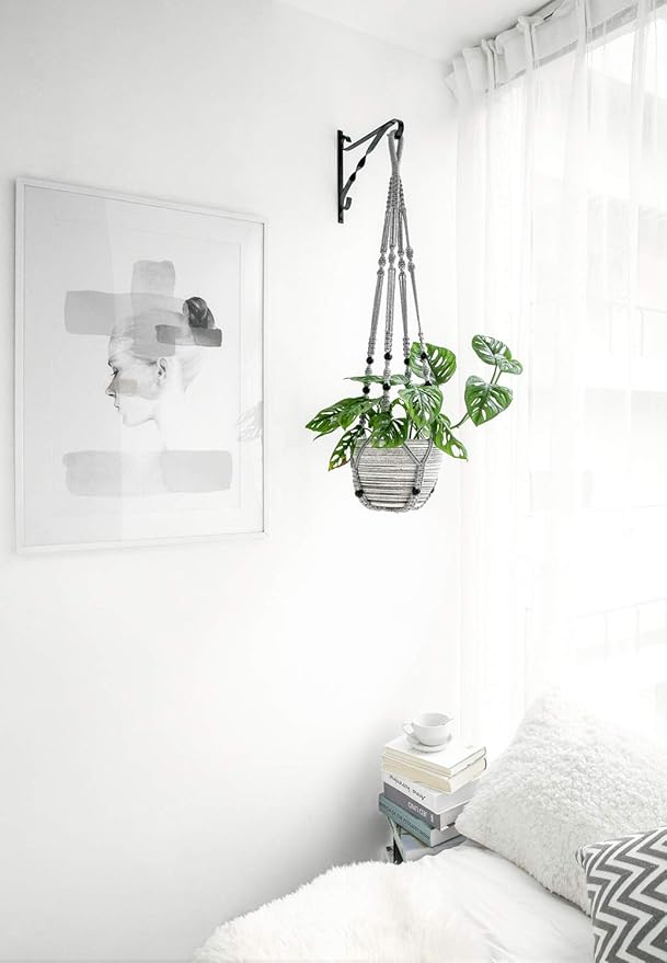 Mkono Macrame Plant Hanger Indoor Hanging Planter Basket with Wood Beads Decorative Flower Pot Holder No Tassels for Indoor Outdoor Boho Home Decor 35 Inch, Grey, Set of 2 (POTS NOT Included)
