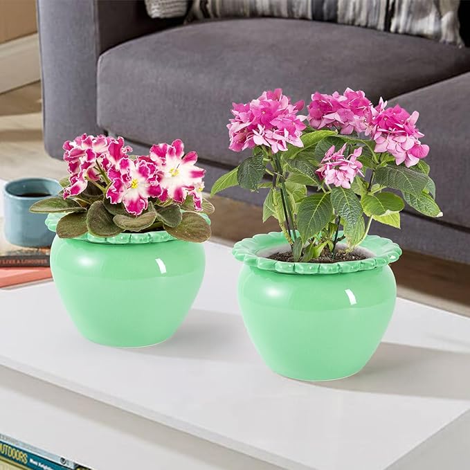Large African Violet Pots 8 Inch Green Ceramic Easy Plant Self Watering Pot Ceramic Flowerpot with Water Absorbing Inner Pot Orchid Planter for Valentine's Day
