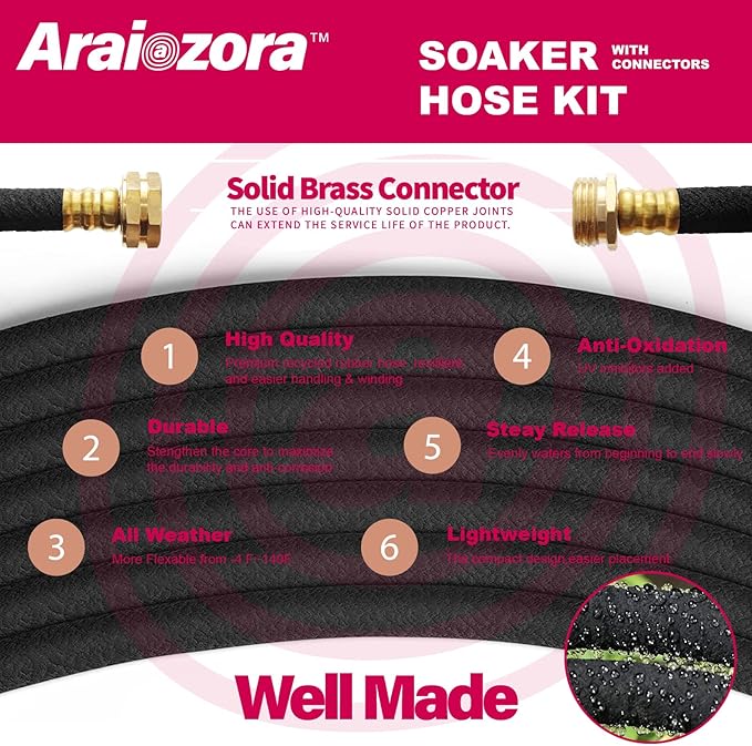 Soaker Hose 150 FT For Garden Beds,Heavy Duty Solid Brass Connector 1/2“ Ruber Drip Irrigation Kit with Hose Stakes&Connector Set for Flower Bed&Yard,Landscaping
