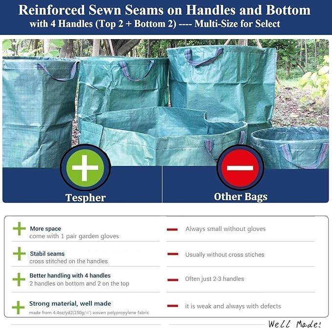 Professional 2-Pack 80 Gallon Big Lawn Yard Garden Bags (D26, H33 inch) with Gardening Gloves, Yard Waste Bag,Debris Bag,Camping Waste Bag,Recycle Bag,Grass Clippings Bag,Weeds Bag,Leaf Bags 4 Handles