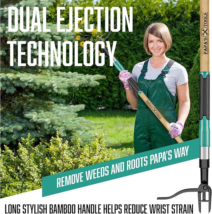 Papa's Tools Weed Puller Tool, 44" Stand Up Weeder Garden Tools & 4 Claw Steel Head, Dual Weed Eject Tech. Made With Real Bamboo & Long Wooden Handle, Yard Weeding Remover For Gardening Men & Women