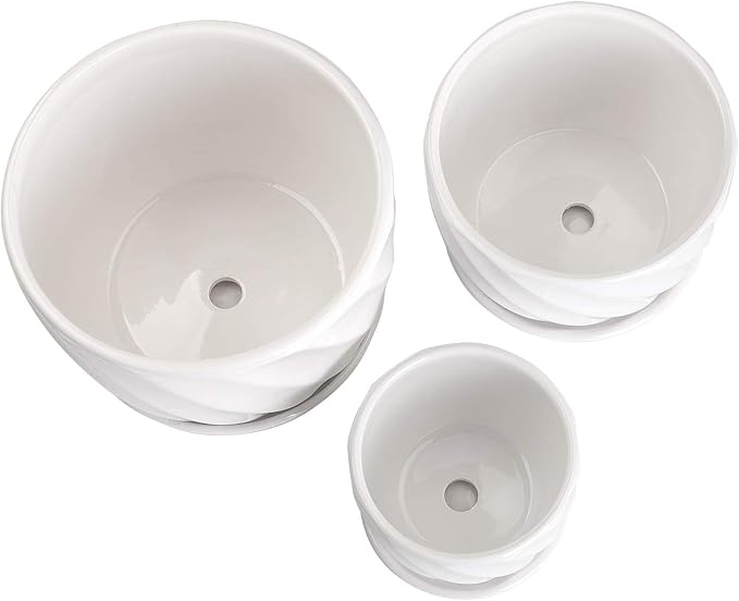 Set of 3 Ceramic Plant Pot - Flower Plant Pots Indoor with Saucers,Small to Medium Sized Round Modern Ceramic Garden Flower Pots (White)