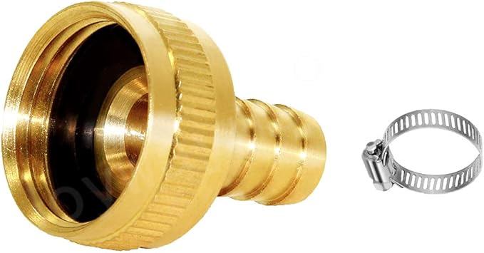 Joywayus 5/8" Barb x 3/4" Female GHT Thread Swivel Round Brass Garden Water Hose Pipe Connector Copper Fitting with Stainless Clamp House/Boat/Lawn/Power Wash/Irrigation