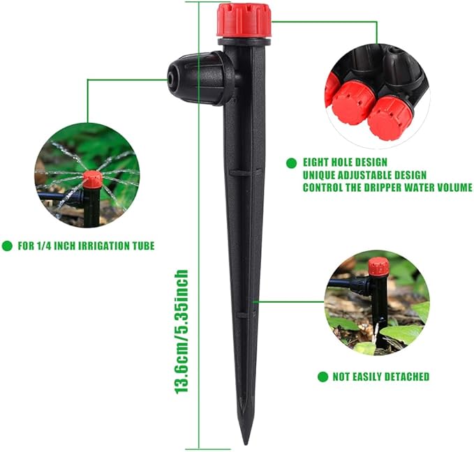50-Pack Quick Connect Dripper Irrigation Emitters Adjustable 360 Degree Drip Emitters on 5" with Stake for 1/4" Drip Irrigation Tubing Irrigation Drip Ideal for (4-7mm) Garden Watering System