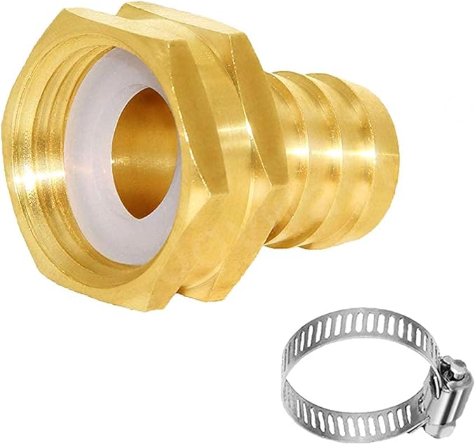 Joywayus 5/8" Barb x 3/4" Female GHT Thread Swivel Hex Brass Garden Water Hose Pipe Connector Copper Fitting with Stainless Clamp House/Boat/Lawn/Power Wash/Irrigation