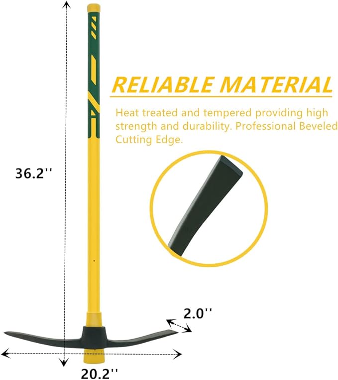 Pick Mattock with Heavy Duty Forged Construction, 36" Heavy Duty Pick Hoe,Solid Fiberglass Core, Ergonomic No-Slip Handle, Garden Pick Axe, and Adze Hoe