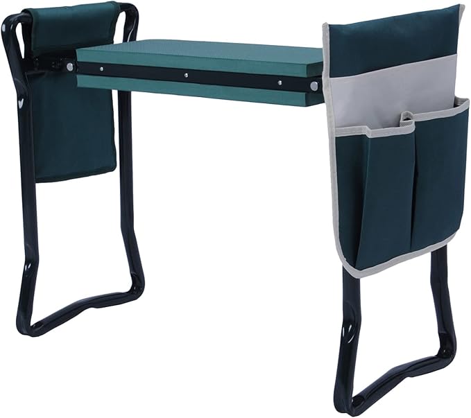 Garden Kneeler Seat Heavy Duty Gardening Bench Stool with 2 Tool Pouch Bags, Eva Soft Foam Pad for Kneeling and Seating, Lightweight Frame