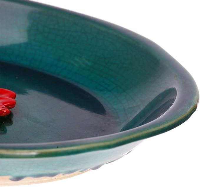 Topadorn Birdbath Ceramic Bowl Decor for Bee Bird Bath Outdoor Garden Vintage Yard,Blue with Red Flower