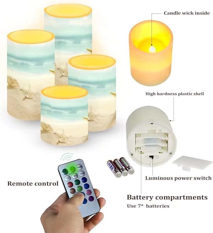 Beach Starfish Seashell Flameless LED Battery Candles 4 Pieces Pillar Fake Candles with Colored Light 4H 8H Timer Remote for Wedding Beach Party Decor