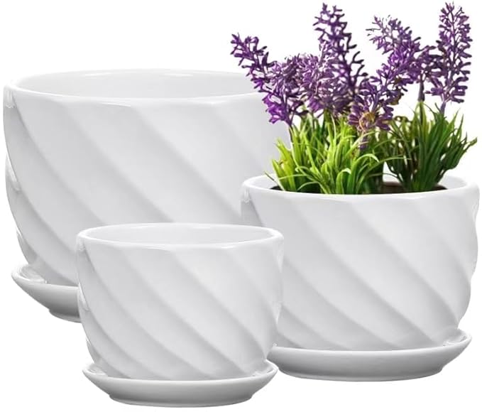 Set of 3 Ceramic Plant Pot - Flower Plant Pots Indoor with Saucers,Small to Medium Sized Round Modern Ceramic Garden Flower Pots (White)