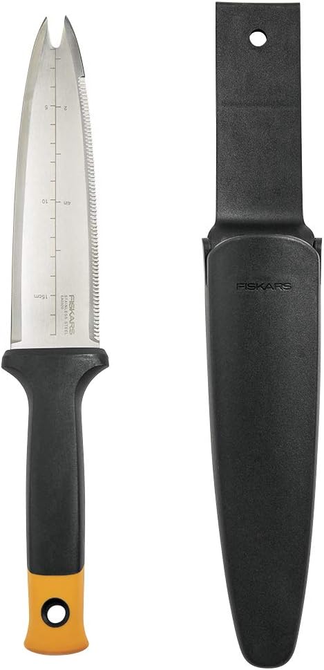 Fiskars Hori Hori Garden Knife with Sheath, Multi-Purpose Heavy Duty Gardening Hand Tool for Weeding, Planting, Digging with Hanging Hole
