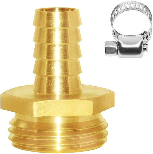 Joywayus 1/2" Barb x 3/4" Male GHT Thread Hex Brass Garden Water Hose Pipe Connector Copper Fitting with Stainless Clamp House/Boat/Lawn/Power Wash/Irrigation