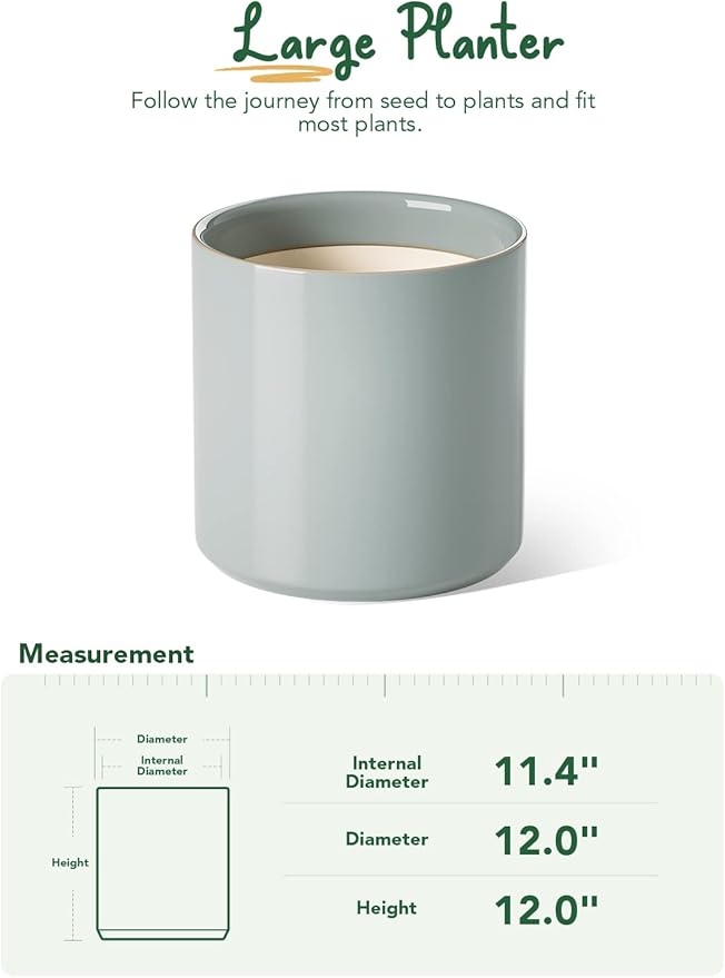 LE TAUCI 12 Inch Pots for Plants, Ceramic Large Plant Pot for Indoor Plants, Mid-Century Modern Flower Planter Pots with Drainage Hole and Removable Plug, Round Planter Pot, Reactive Glaze Blue Gray
