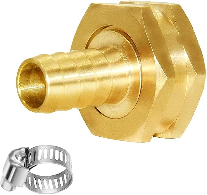 Joywayus 2Pcs 1/2" Barb x 3/4" Female GHT Thread Swivel Hex Brass Garden Water Hose Pipe Connector Copper Fitting with Stainless Clamp House/Boat/Lawn/Power Wash/Irrigation