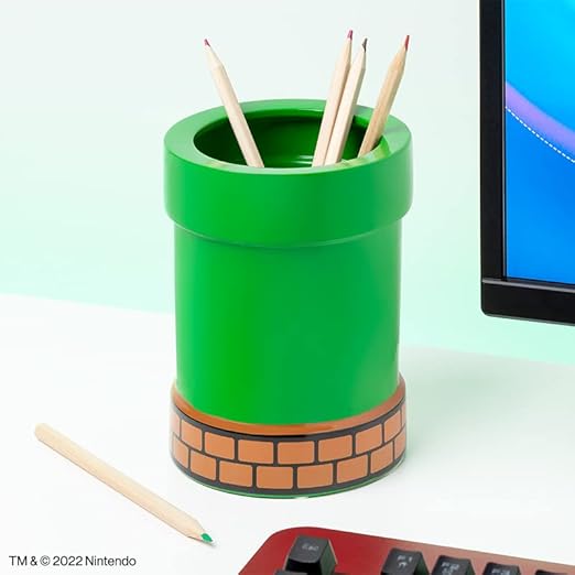 Paladone Super Mario Warp Pipe Flower Pot and Pen Holder, Ceramic Planter or Pen Organizer, Officially Licensed Nintendo, 15 cm, Green