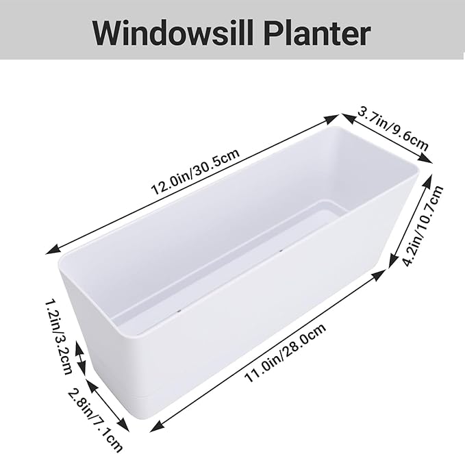 GREANER Herb Planter with Tray, 1 Pack 12x3.8 Inch Rectangle Window Box, Indoor Succulent Flowers Succulent Plastic Pot for Windowsill, Garden, Balcony, Office Outdoor Decoration - White