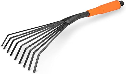 Mini Garden Rake 16 Inch 9 Root Steel Hand Fan Leaf Rake with Ergonomic Comfort Grip & Rust Resistant - Professional Gardening Tool