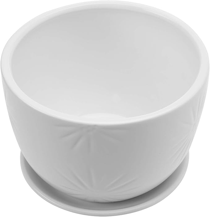 MyGift 7 Inch Round White Ceramic Plant Pot with Drainage Hole and Attached Saucer, Modern Decorative Embossed Sunburst Planter Container for Indoor Home Garden