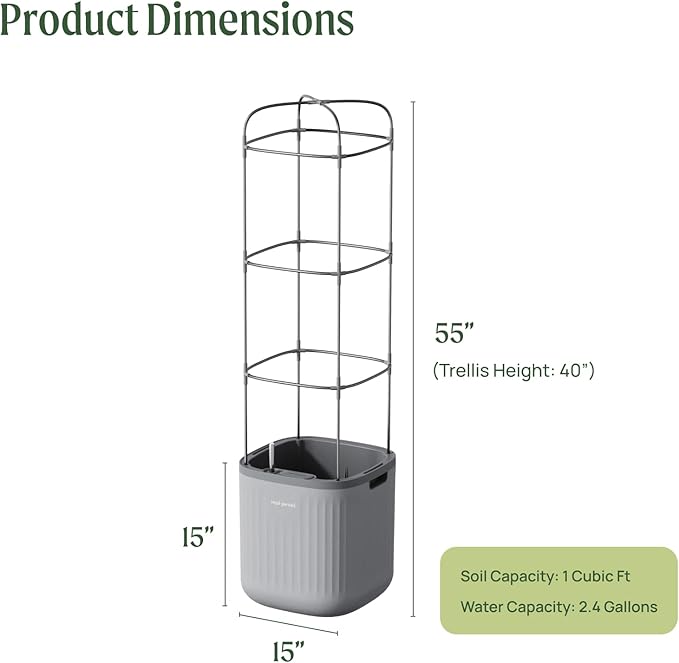 Vego garden Planters for Outdoor & Indoor Plants, Large Plant Pots with Self Watering, 15" Tall Large Plant Pots with Trellis for Flowers Plants Decor, Fog Gray