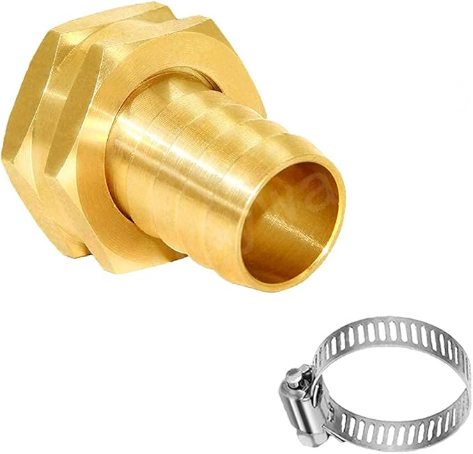 Joywayus 5/8" Barb x 3/4" Female GHT Thread Swivel Hex Brass Garden Water Hose Pipe Connector Copper Fitting with Stainless Clamp House/Boat/Lawn/Power Wash/Irrigation