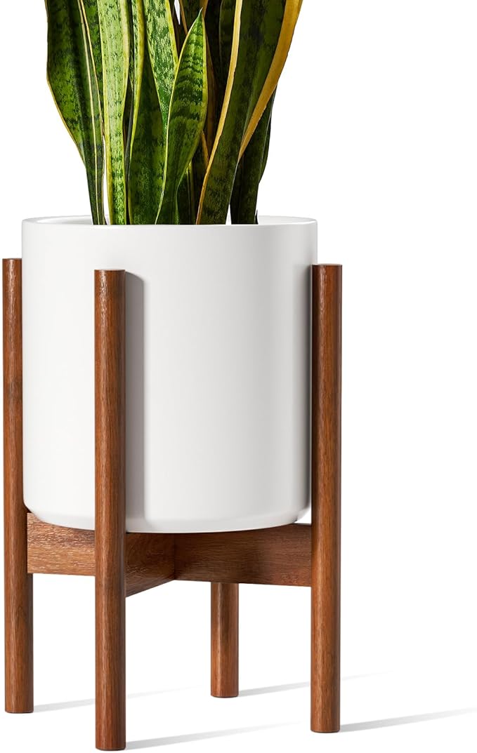 LE TAUCI 10 Inch Planter with Acacia Wood Stand, Ceramic Planter for Indoor Plants with Adjustable Plant Holder, Mid-Century Modern Home Decor, Round Flower Pots with Drainage Hole, White