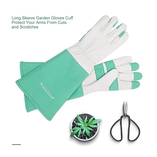 HLDD HANDLANDY Gardening Gloves for Women & Men, Leather Long Sleeve Rose Pruning Gloves, Thorn Proof Garden Work Gauntlet Animal Handling Gloves (Small, Green)