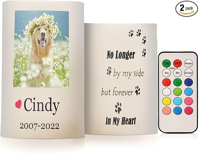 Vdsrup Flameless Candles Set of 2 Memorial Pet LED Candles with Timer Battery Operated Customize Candle Lights Flickering with Remote for Home Bedroom Decor