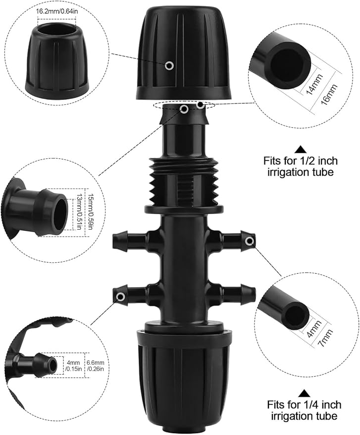 Kalolary 20PCS Barbed Tee 1/2" to 1/4" Drip Irrigation Fittings, Anti-Drop Barbed Hose Parts Connectors for 12mm/16mm to 4mm/7mm Drip Systems 6 Way Adapter（Black）