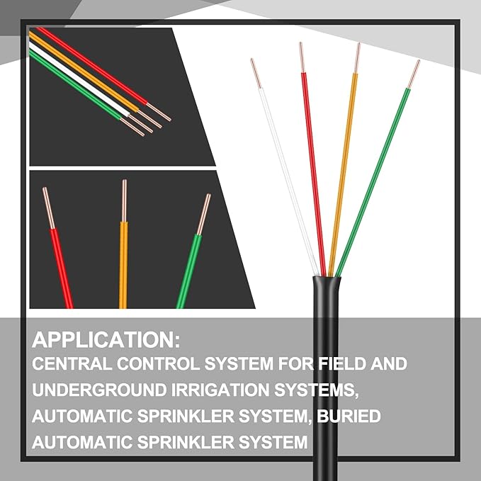 Hoolerry Solid Sprinkler System Wire 18 Gauge Irrigation Wire with UV Resistant PVC Jacket Sprinkler Cable for Underground Irrigation Field Central Control System 30v Ul Listed(18/4, 100 Ft)