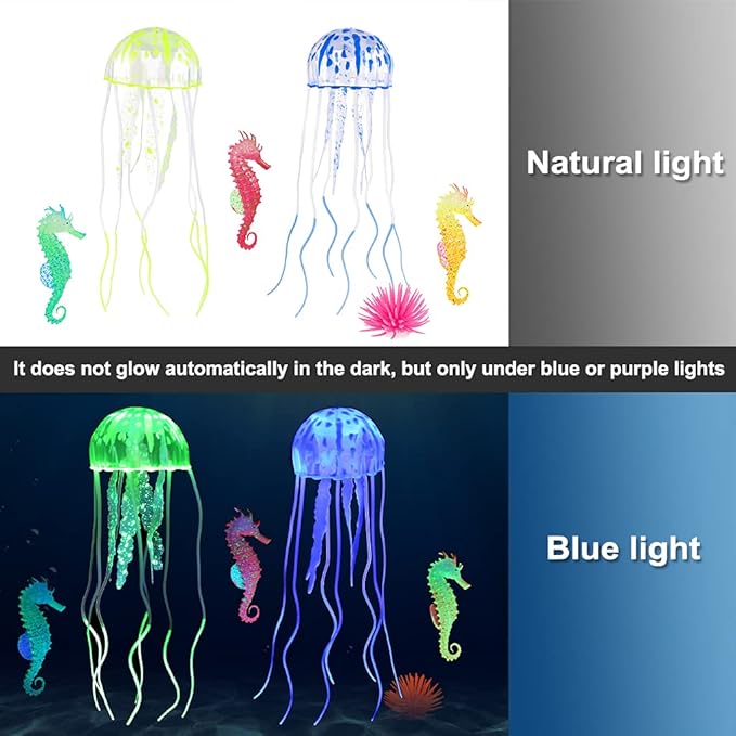 Lpraer 6 Pieces Glow Aquarium Ornaments Artificial Glow Floating Jellyfish Seahorse Anemones Silicone Simulation Fish Tank Decorations for Fish Tank