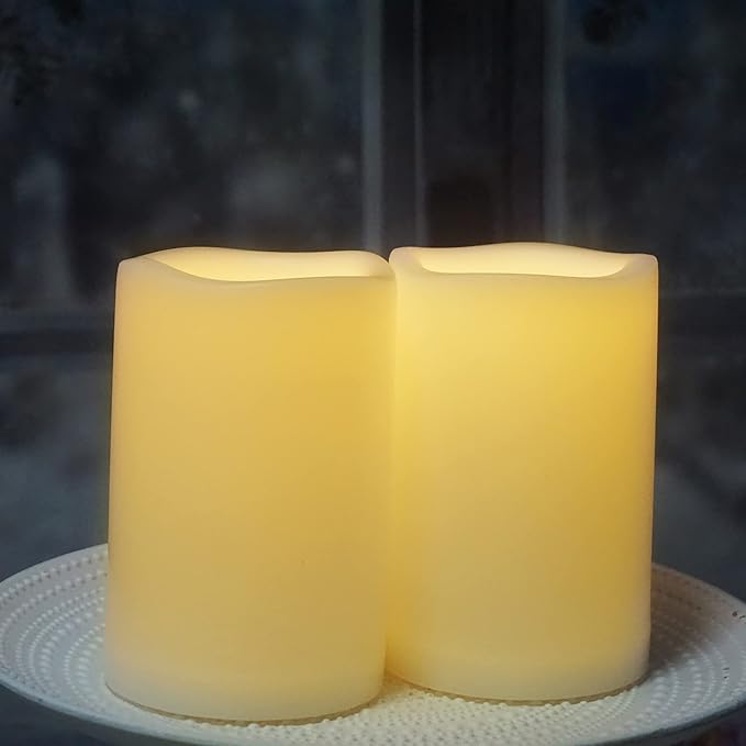 CANDLE CHOICE Waterproof Outdoor Battery Operated Flameless Candles with Timer Large Plastic Resin Bright Flickering Electric LED Pillars Lantern Garden Wedding Christmas Decorations 4”(D)x6”(H) 2 PCS