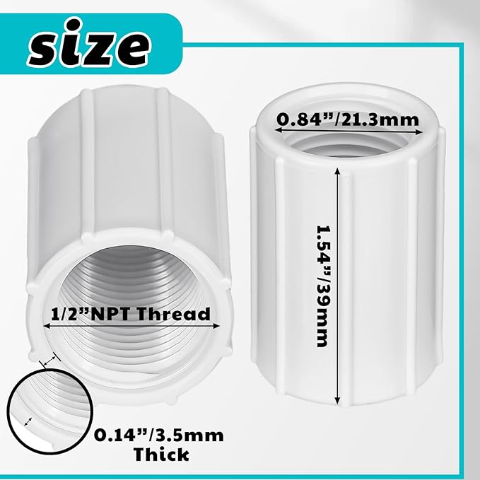 Yahenda 20 Pcs 1/2 Inch PVC Double Female Threaded Coupling Sprinkler Pipe Fitting Female Thread Pipe Fitting Garden Drip Irrigation System PVC Npt Coupler for Irrigation Tube Riser Extension (White)