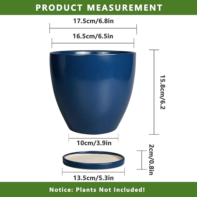 6 Inch Plant Pot - Ceramic Planter with Drainage Hole and Saucer, Modern Round Flower Pot, Planters for Indoor Plants, Home Garden Decor, Blue