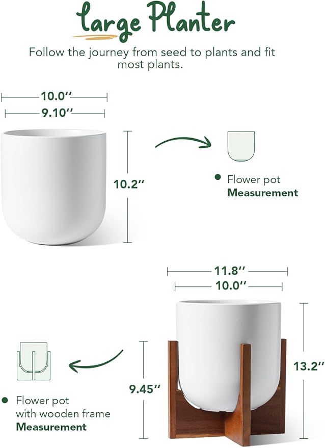 LE TAUCI 10 Inch Plant Pot with Acacia Wood Stand, Ceramic Planters for Indoor Plants, Unique Plant Pots Indoor for Home Decor, Mid-Century Modern Pots for Plants with Drainage Hole and Plug, White