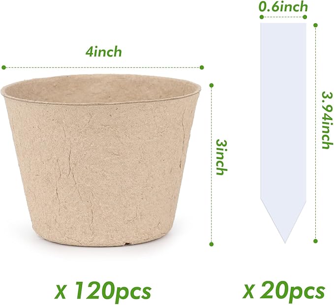 Homenote Peat Pots, 120 Pcs 4 Inch Seed Starting Pots with Drainage Holes Round Nursery Plants Pots with Bonus 20 Plant Labels