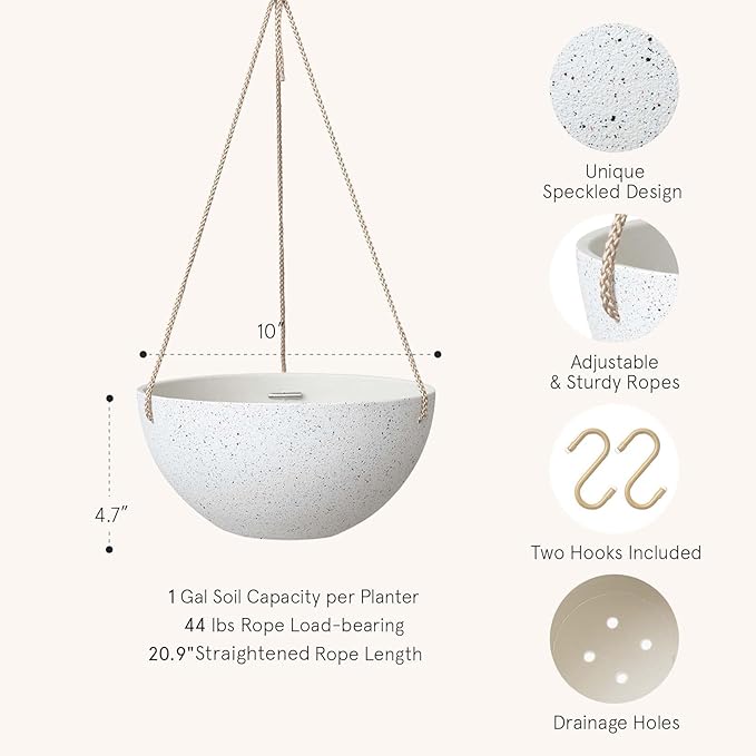 LA Jolie Muse Hanging Planters for Indoor Plants - Flower Pots Outdoor 10 inch Garden Planters and Pots,Speckled White Set of 2