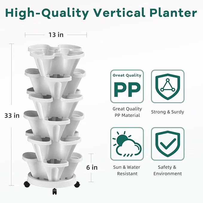 6 Tiered Strawberry Vertical Planters, Stacking Tower Garden with Support Pole, Stackable Herb Vegetable Planters Indoor and Outdoor - White