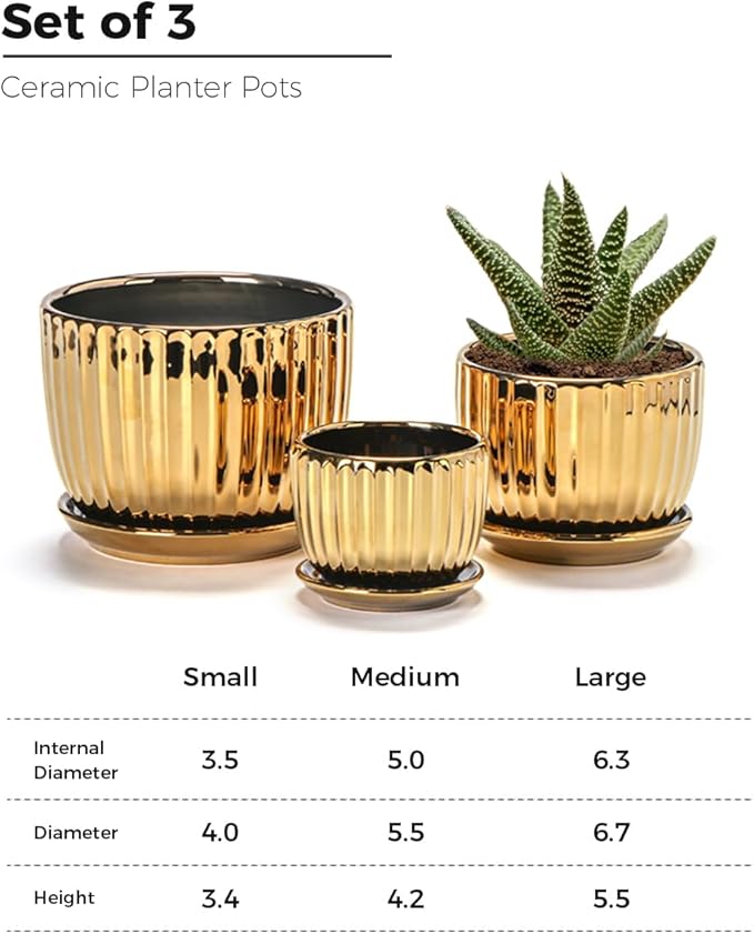 Ton Sin Gold Plant Pots,4.1+5.1+6.5 Inch Flower Pots,Ceramic Succulent Planters Set of 3,Mini Indoor Pots with Drainage,Handmade Decorative Ceramic Orchid and Herb Pots(Gold)