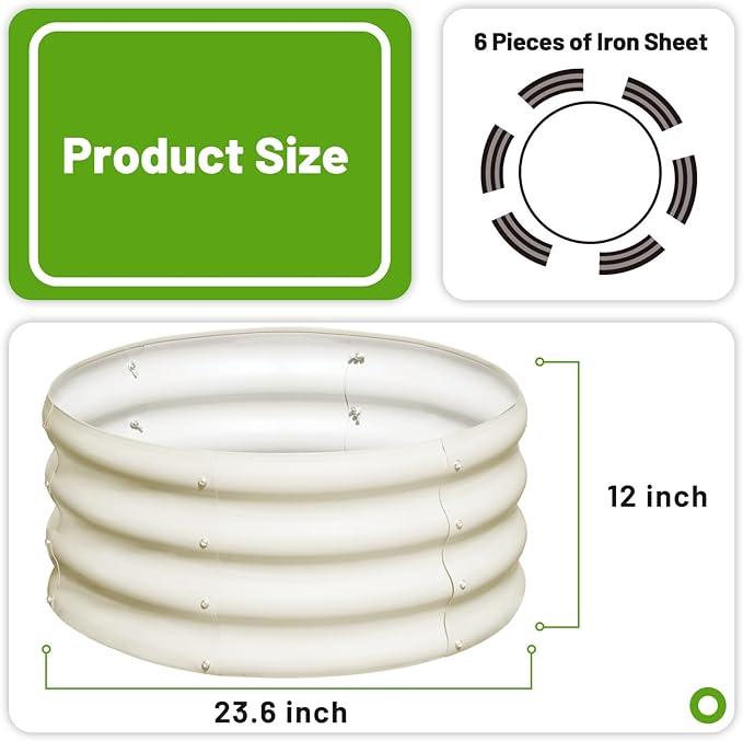 SnugNiture 2x2x1ft Round Galvanized Raised Garden Bed Kit Outdoor, Metal Planter Box for Planting Plants Vegetables, White