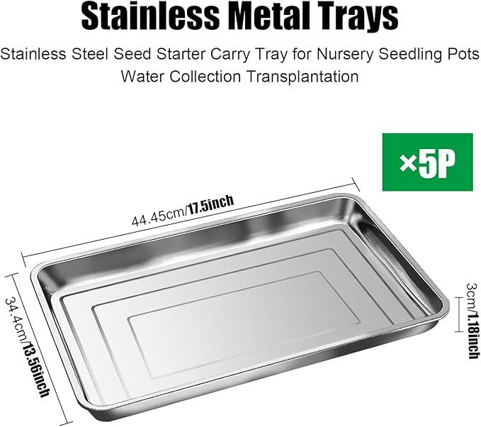 Stainless Metal Trays, Stainless Steel Seed Starter Carry Tray for Nursery Seedling Pots Water Collection Transplantation (13.56 inch×17.5 inch, 1.18" Height, 5-Pack)