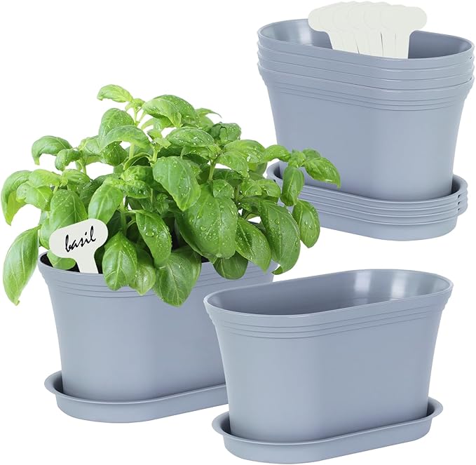 Windowsill Herb Garden Planter with Tray, Set of 6 Grey Oval Farmhouse Garden Pots for Indoor/Outdoor Plants (No Seeds)
