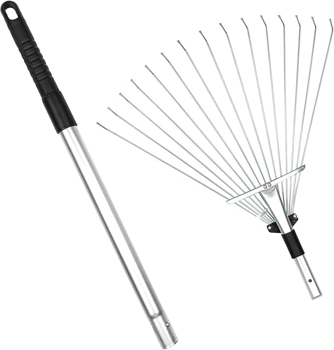 Buyplus Adjustable Garden Leaf Rake - 24 to 63 Inch Telescopic Metal Rake, Expandable Folding Leaves Rake for Lawn Yard, Flowers Beds, Black
