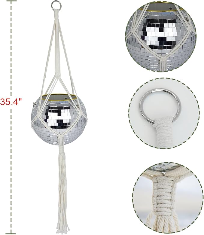 Disco Ball Planter, 2 Pack 8" Disco Planter with Hanging Rope, Hanging Chain & Hook & Ring Stand, Disco Ball Plant Hangers for Indoor and Outdoor Plants (Silver, 8"+8")