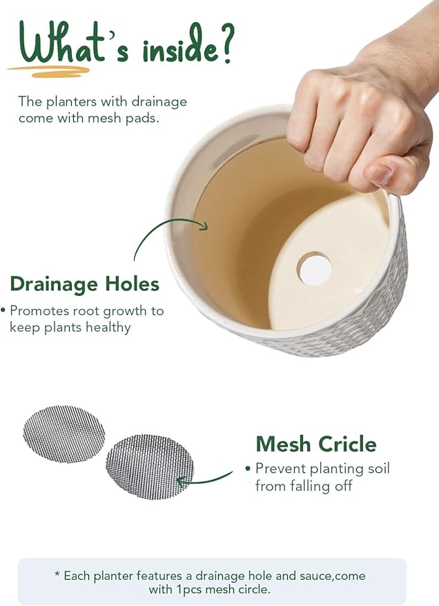 LE TAUCI Ceramic Plant Pots, 5.4 Inch Pots for Indoor Plants, Planters with Drainage Hole and Saucer, Flower Pots for Succulent, Snake Plants and Cactus, Set of 2, Reactive Glaze White