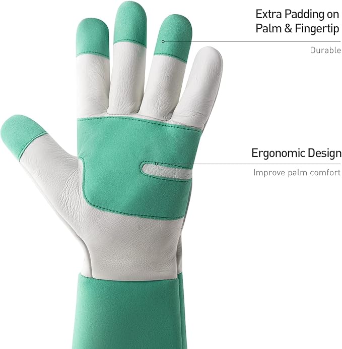HANDLANDY Long Gardening Gloves for Men & Women, Thorn Proof Rose Pruning Gloves Leather Gauntlets Garden Gloves Yard Work Gloves (XS, Green)
