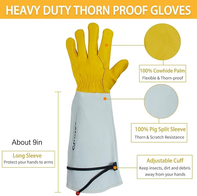 Gardening Gloves Thorn Proof for Rose Pruning & Cactus Trimming, Long Leather Garden Gloves for Women & Men (Small)