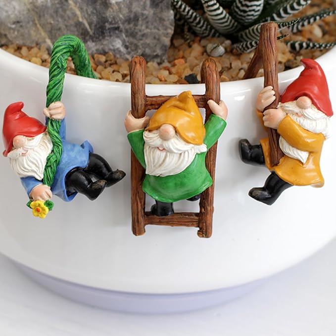 Set of 3 Cute Climbing Gnome Figurines Flower Pot Hugger, Resin Hanging Gnomes Statue Outdoor Decor Fence Ornaments for Patio Lawn Garden Yard