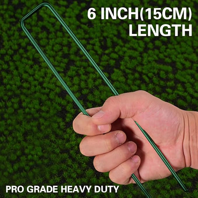 Bakulyor 50Pcs Green Landscape Staples 6 Inch Garden Artificial Turf Stakes Staples, 11 Gauge Lawn Galvanized Ground Fabric Pins for Weed Barrier Sod Decorations Holding Fence and Irrigation Tubing