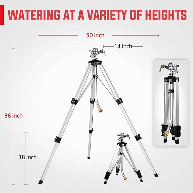 YAMATIC Impact Sprinkler on Adjustable Tripod Base, 360 Degree Large Area, Heavy Duty Adjustable Pulsator Sprinkler for Lawn, Yard and Grass Irrigation, Spray up to 20-90ft(36inch)